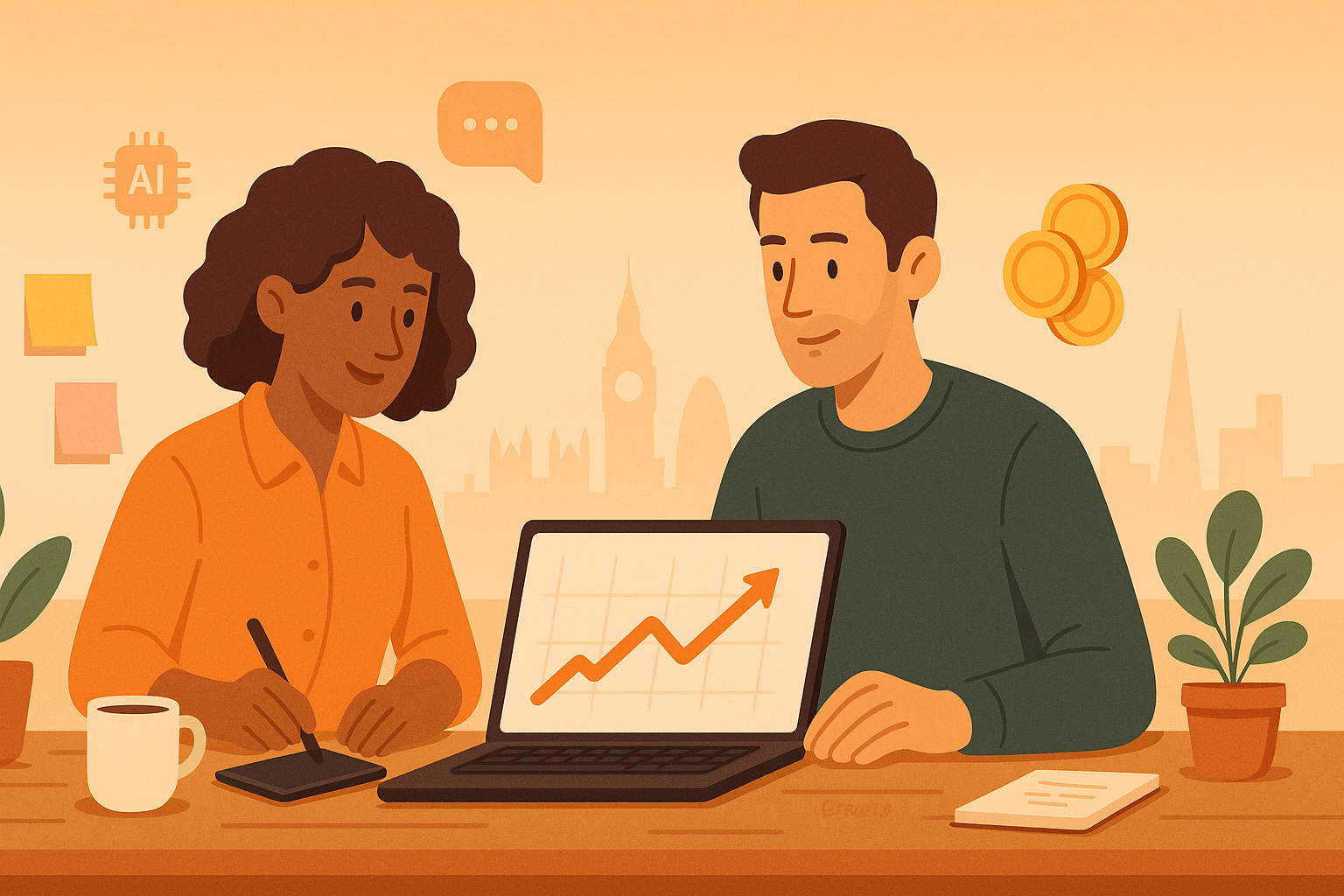 A flat-style digital illustration of two freelancers collaborating at a wooden desk in a cozy home office. A woman in an orange shirt writes on a tablet, while a man in a green sweater works on a laptop showing an upward-trending graph. The background shows London landmarks, plants, sticky notes, and floating icons for AI, chat, and coins, symbolizing growth and technology.