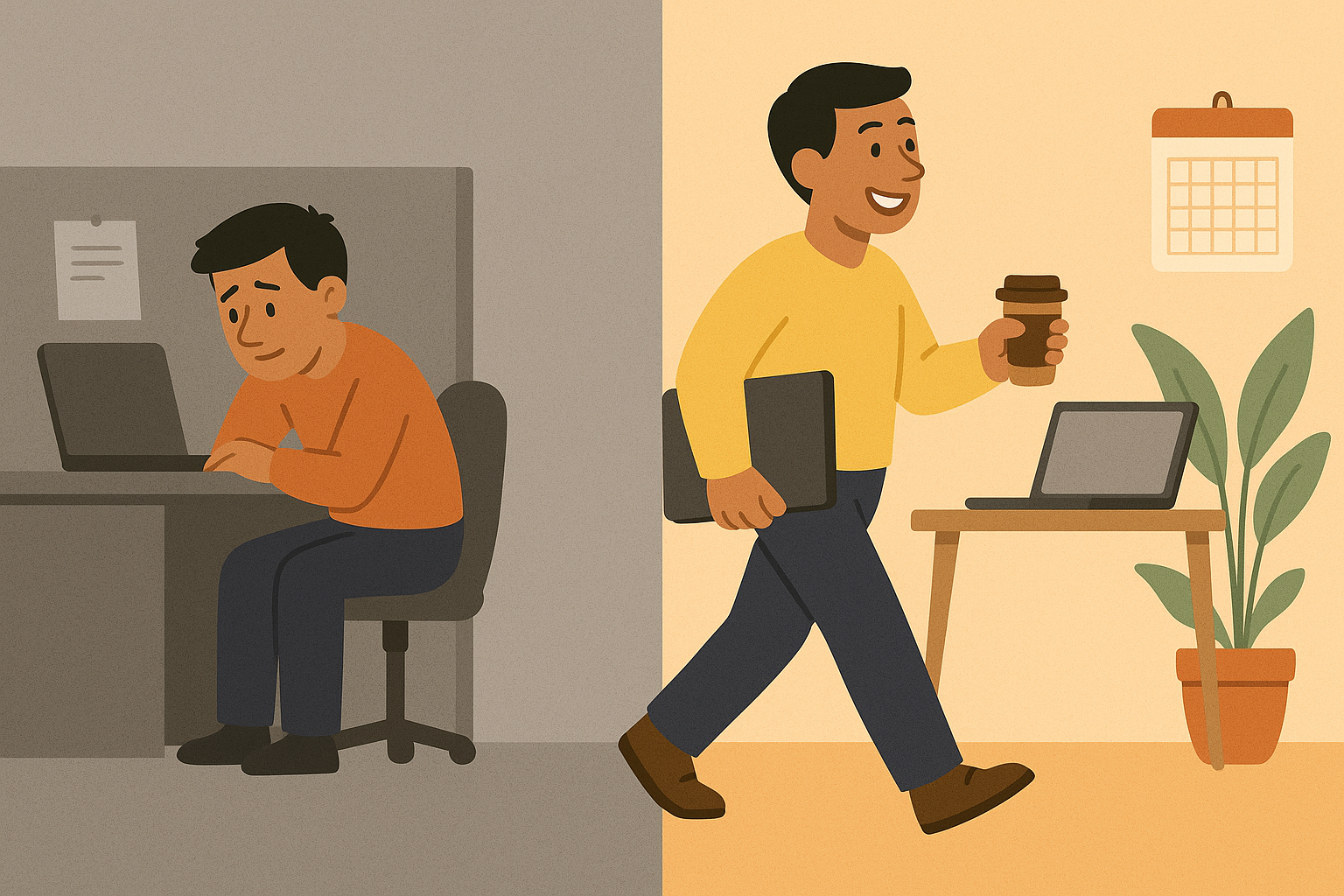 Illustration of a split scene showing a transition from corporate work to freelancing. On the left, a frustrated man sits at a gray office cubicle using a laptop. On the right, the same man walks happily toward a warm-toned, cozy freelance workspace with a laptop, coffee, plant, and calendar on the wall.