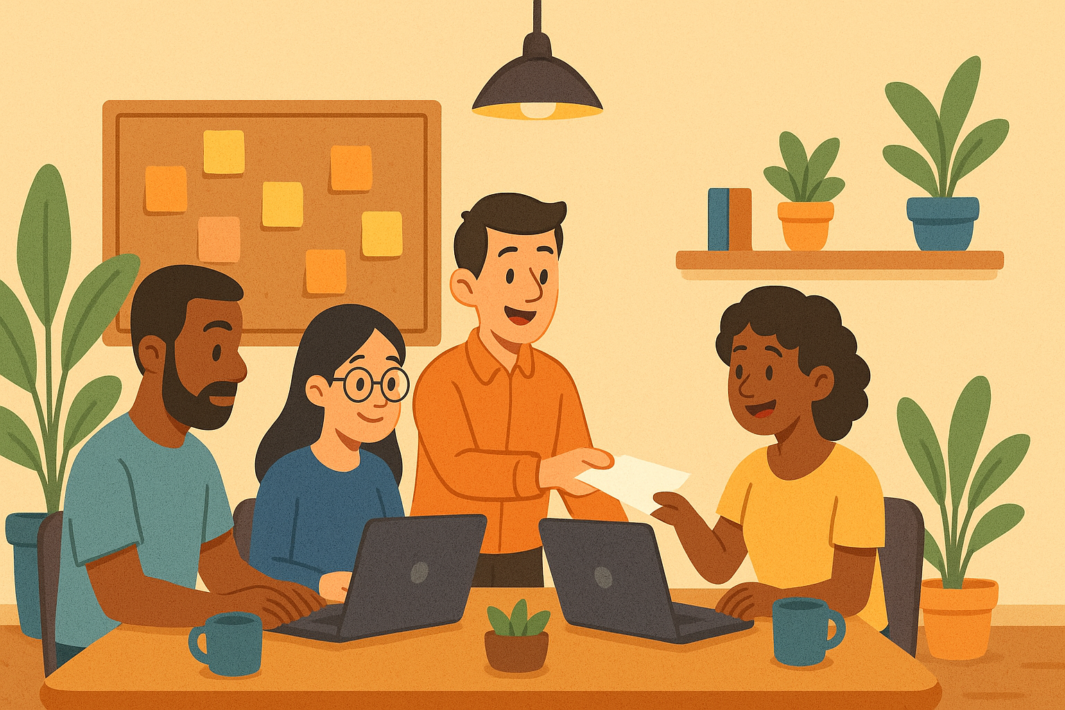 A flat-style digital illustration showing four diverse freelancers collaborating in a cozy, well-lit home office. They sit around a wooden table with laptops, coffee mugs, and papers, while one freelancer in an orange shirt delegates a task with a smile. The background features indoor plants, sticky notes on a corkboard, and warm beige walls, evoking a friendly and productive atmosphere.