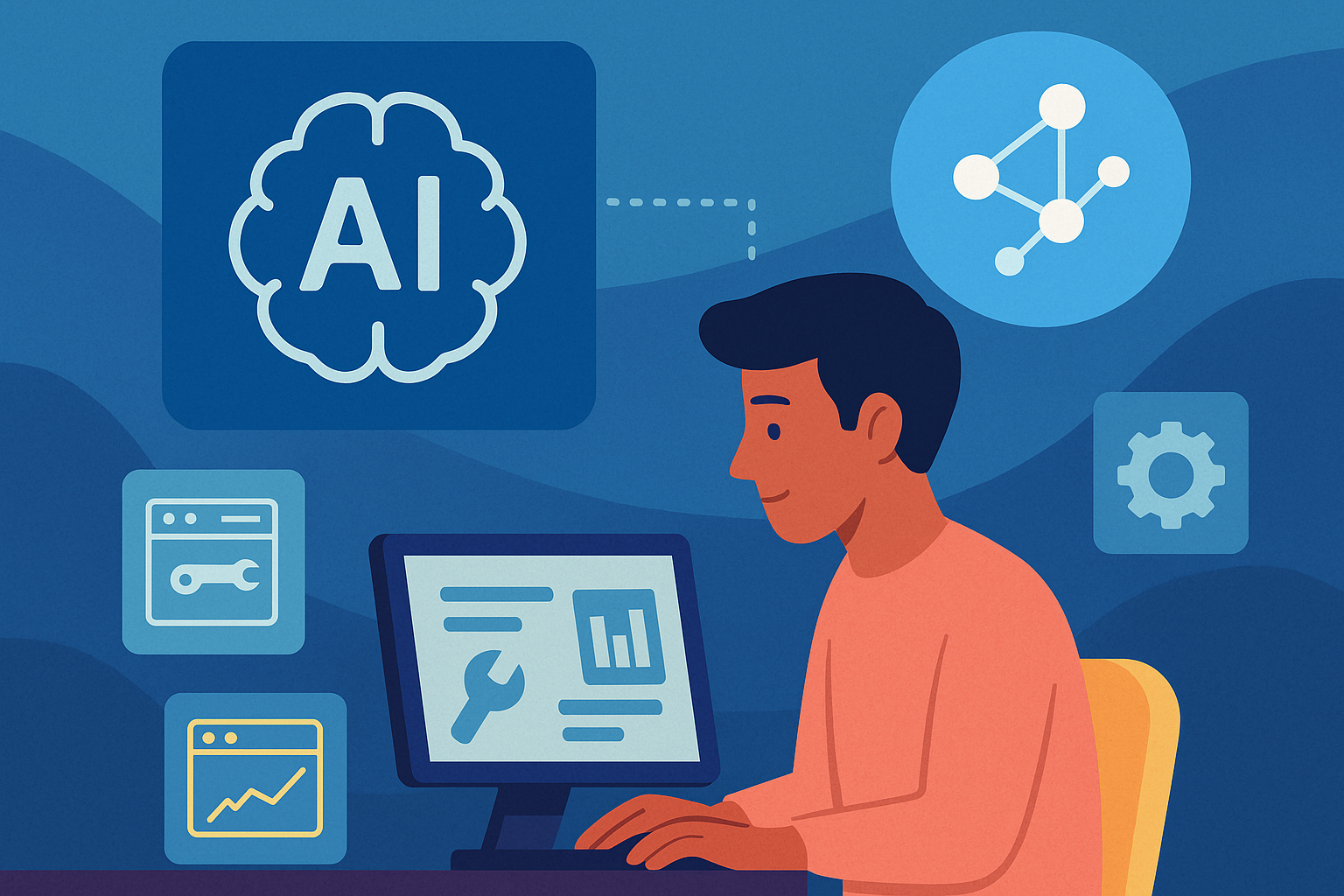 Illustration of a solopreneur developing AI-powered tools on a desktop computer, surrounded by interface icons and digital elements, symbolizing one-person businesses scaling with technology in a 300:175 landscape format.