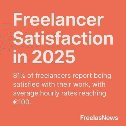 Coral background graphic featuring bold white text that reads “Freelancer Satisfaction in 2025” with a subheading: “81% of freelancers report being satisfied with their work, with average hourly rates reaching €100.” FreelasNews logo appears in the bottom-right corner.
