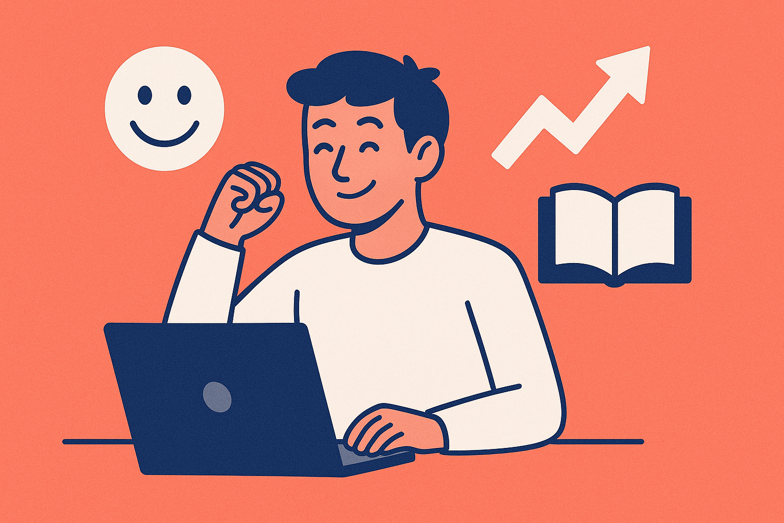 Illustrated image of a smiling freelancer working at a laptop, raising a celebratory fist, with icons around him representing happiness (smiley face), growth (upward arrow), and learning (open book), all set against a coral background — symbolizing satisfaction, autonomy, and upskilling in freelance work.