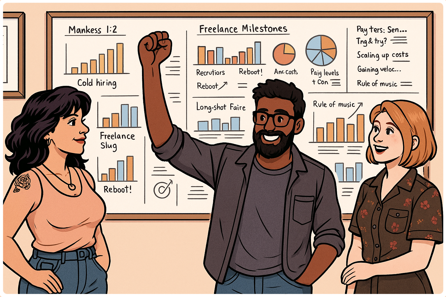 3 freelancers 2 woman an 1 men brainstorming ideas in front of a whiteboard with graphs