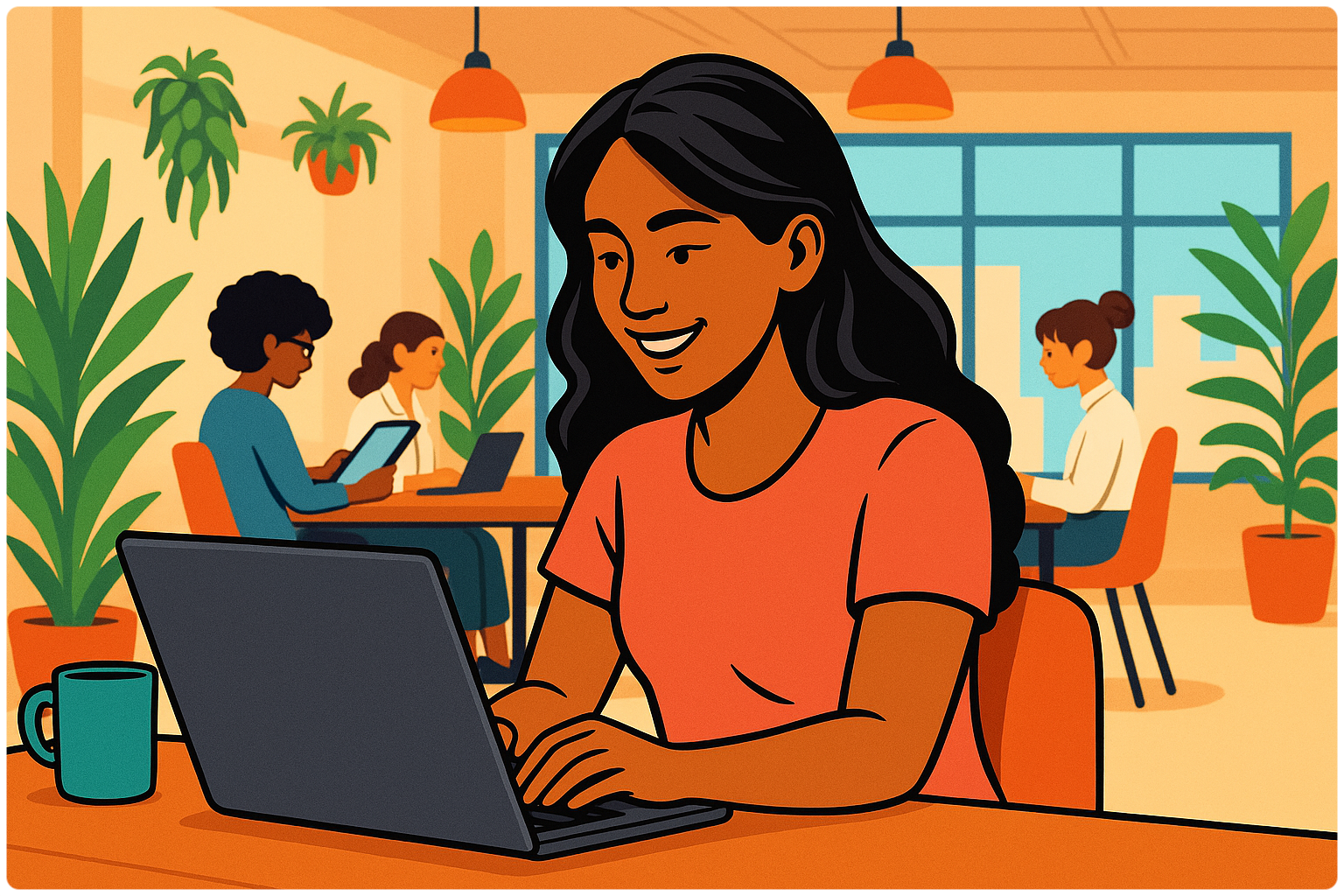 home hero image of a gruoup of freelancers in a coworking space with plants working on laptops home hero image of a gruoup of freelancers in a coworking space with plants working on laptops