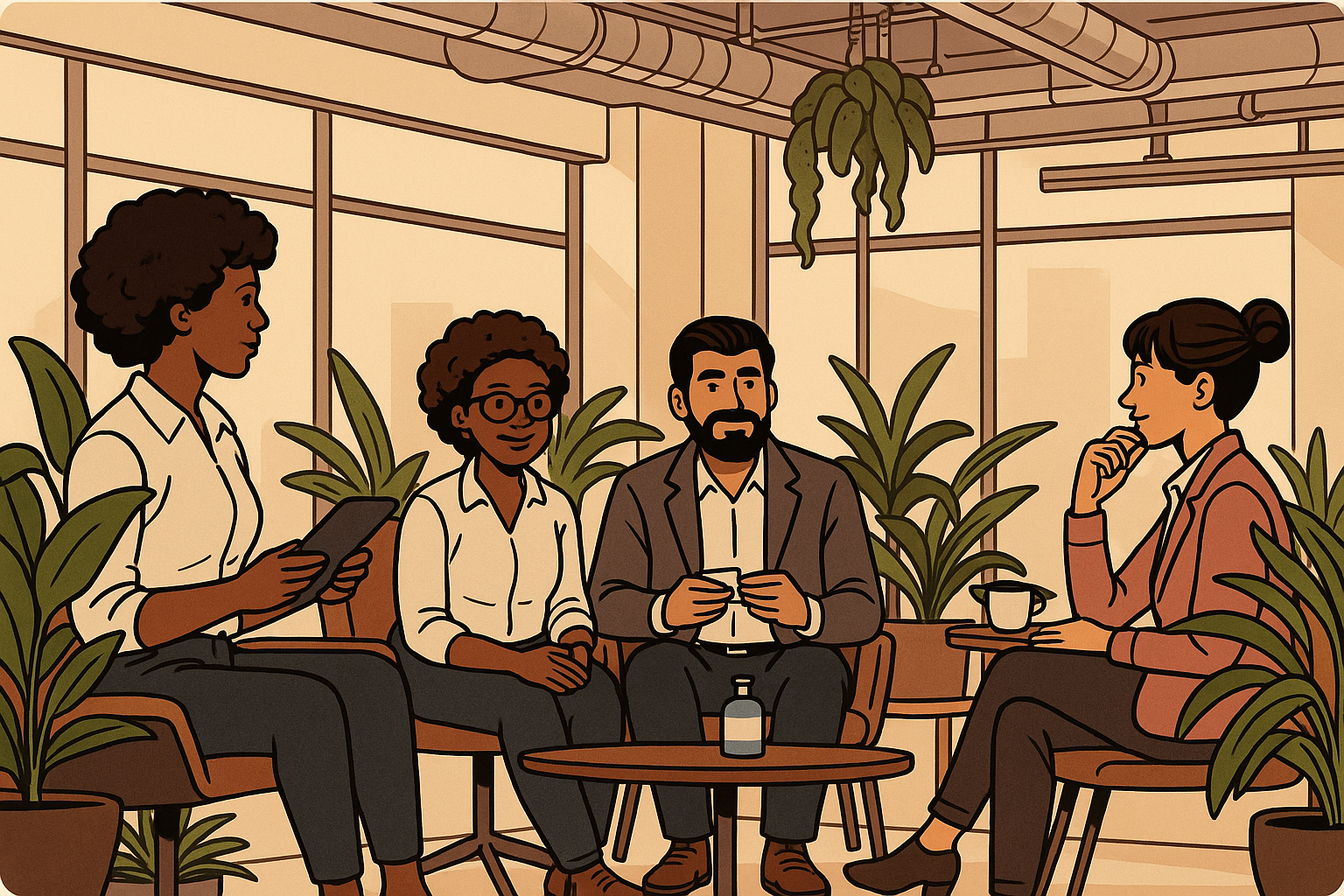 group of freelancers discussing ideas seated in a room with plants